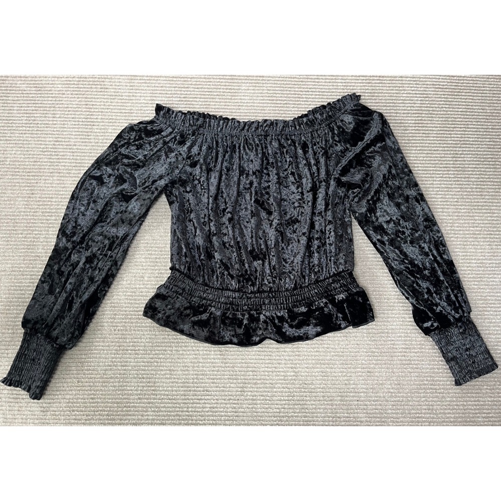 Lulus Black Crushed Velvet Off The Shoulder Smocked Top Long Sleeve  Size Small